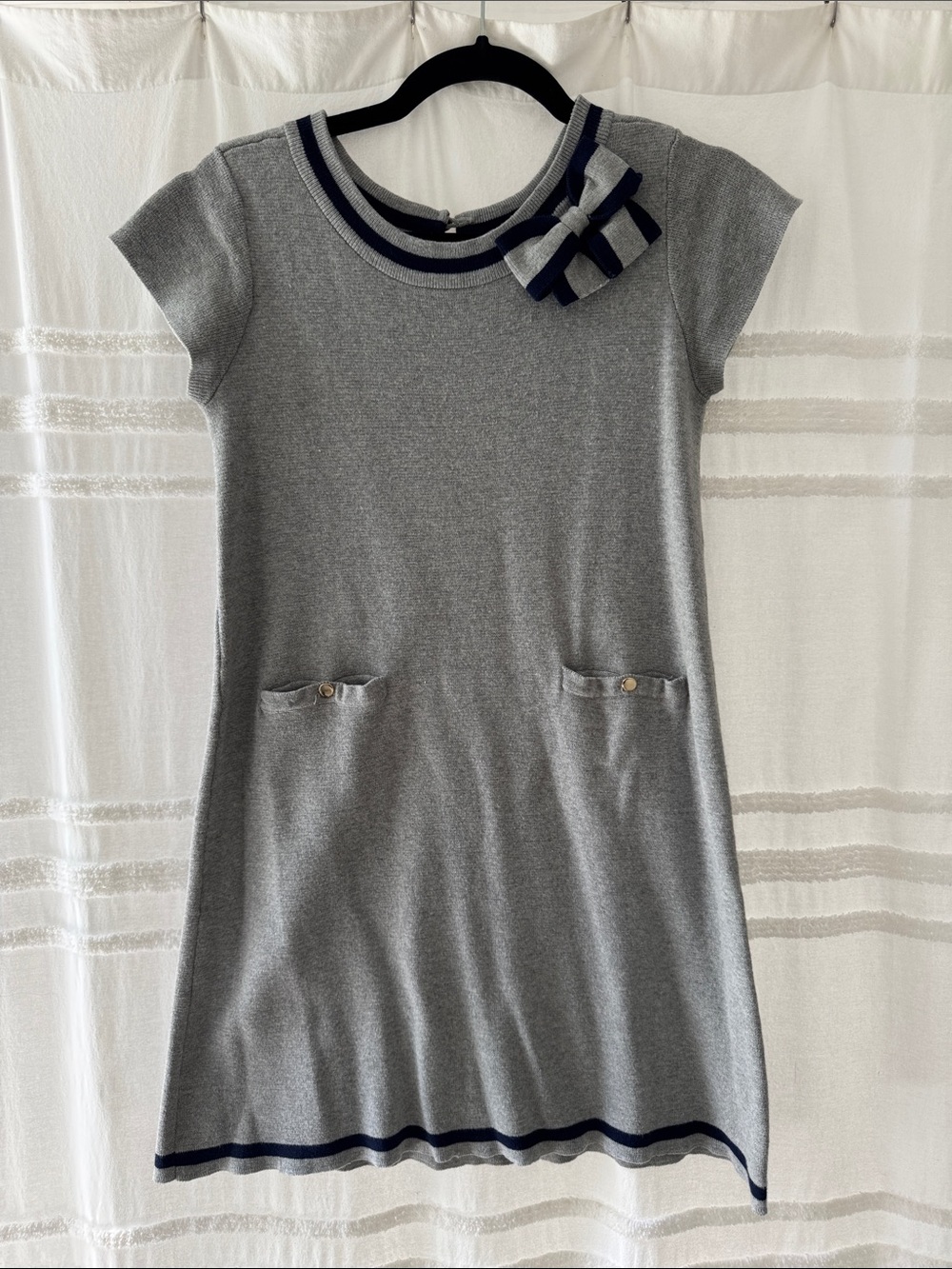 Girls' Grey Knit Dress with Navy Trim and Bow